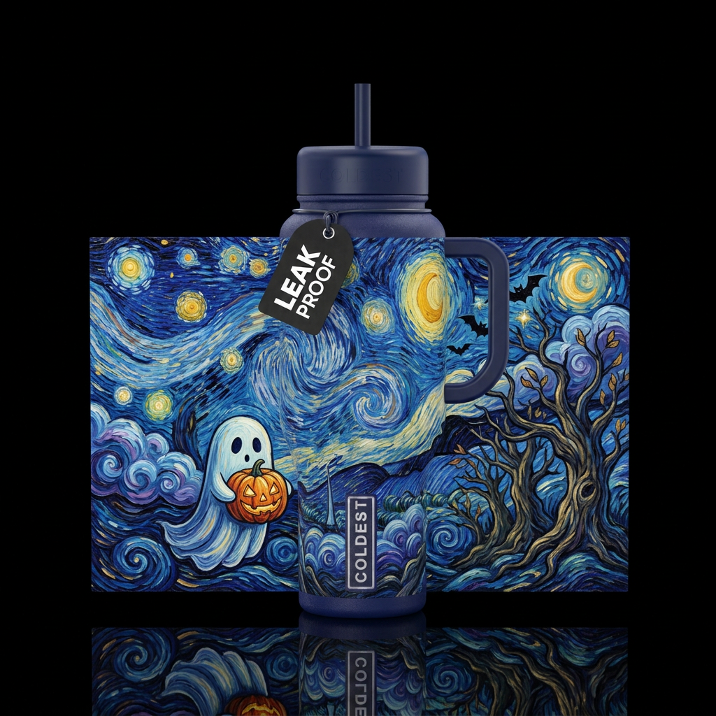 Van Gogh inspired stars painted with ghost holding... water bottle design