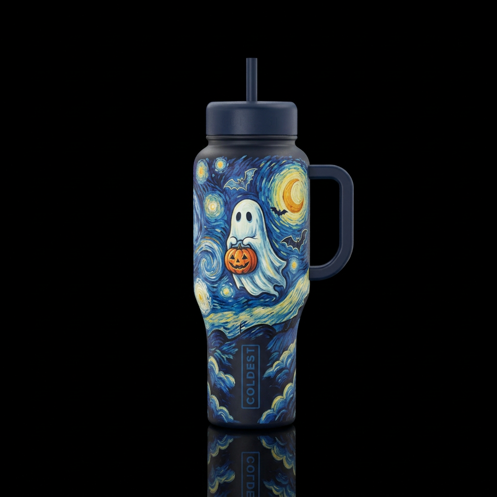 Van Gogh inspired stars painted with ghost holding... water bottle design