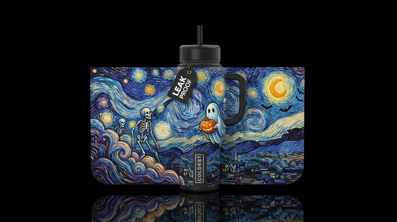 Van Gogh inspired stars painted with skeletons and... water bottle design