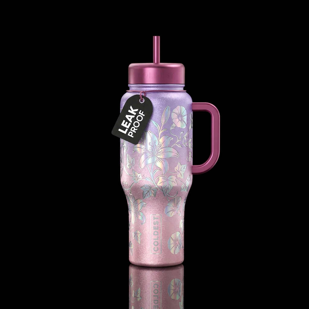 Sparkly metallic light pink and metallic sparkly l... water bottle design