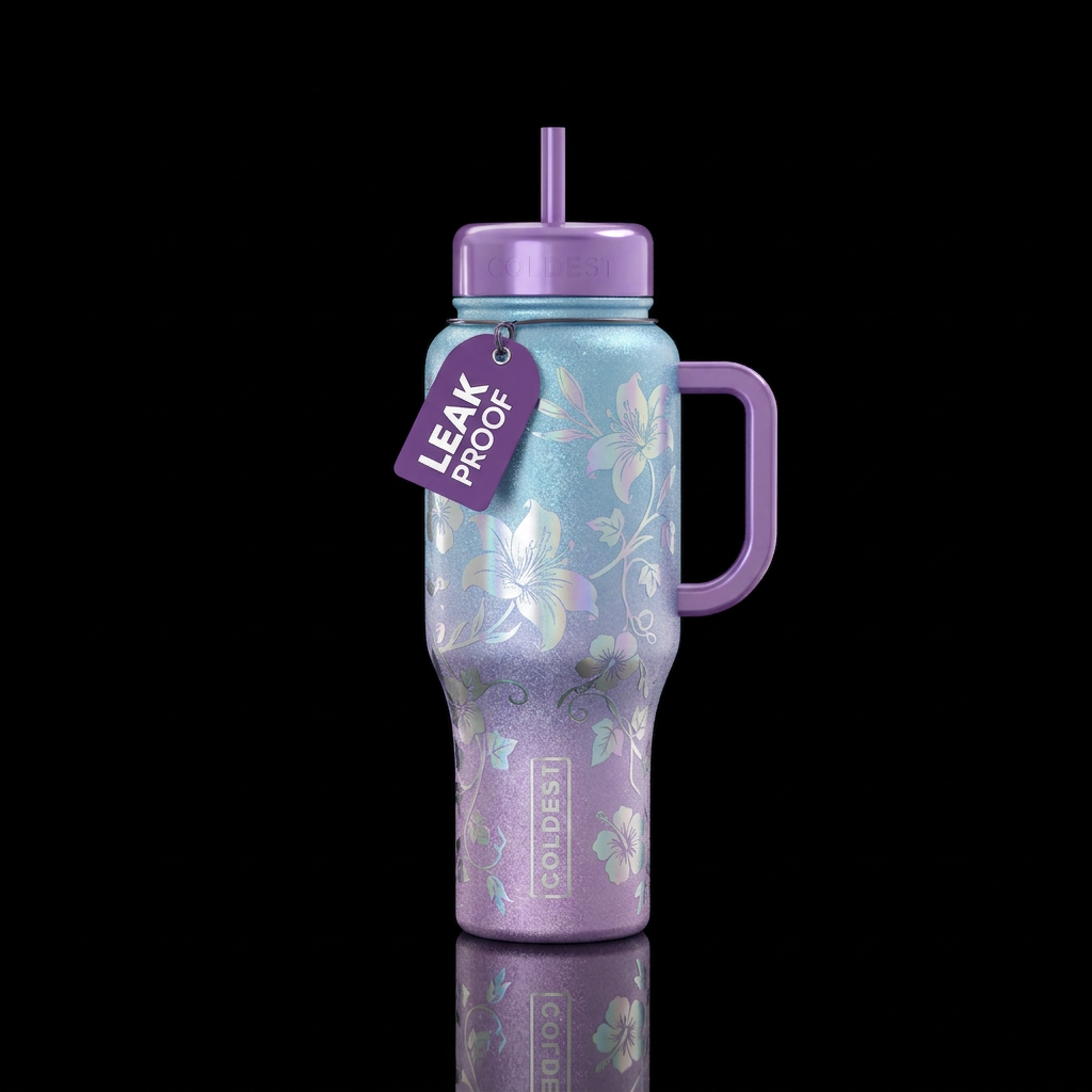 Sparkly metallic light blue and metallic sparkly l... water bottle design