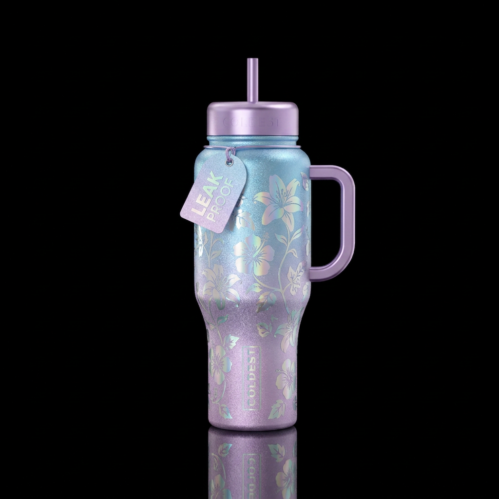 Sparkly metallic light blue and metallic sparkly l... water bottle design