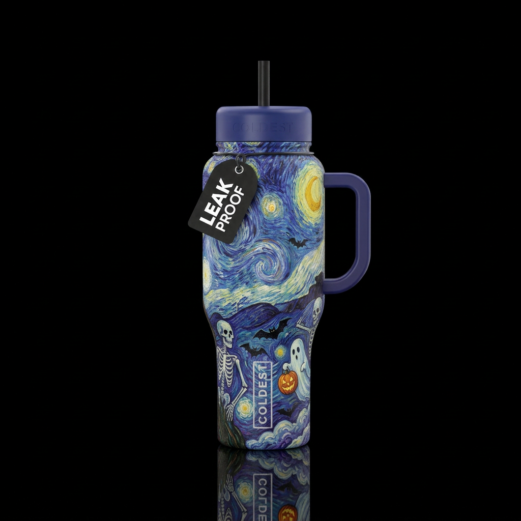 Van Gogh inspired stars painted with skeletons and... water bottle design