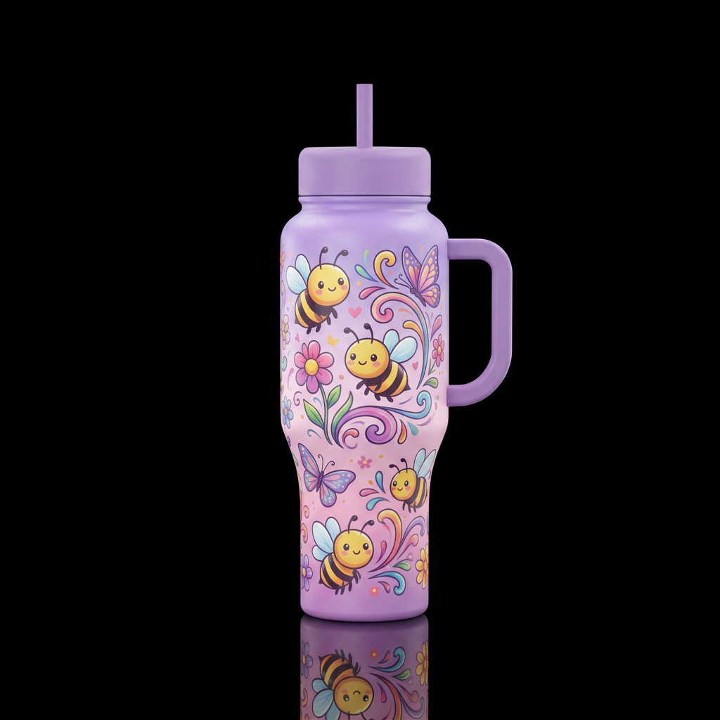 Cute cartoon honey bees cute colored flowers smili... water bottle design