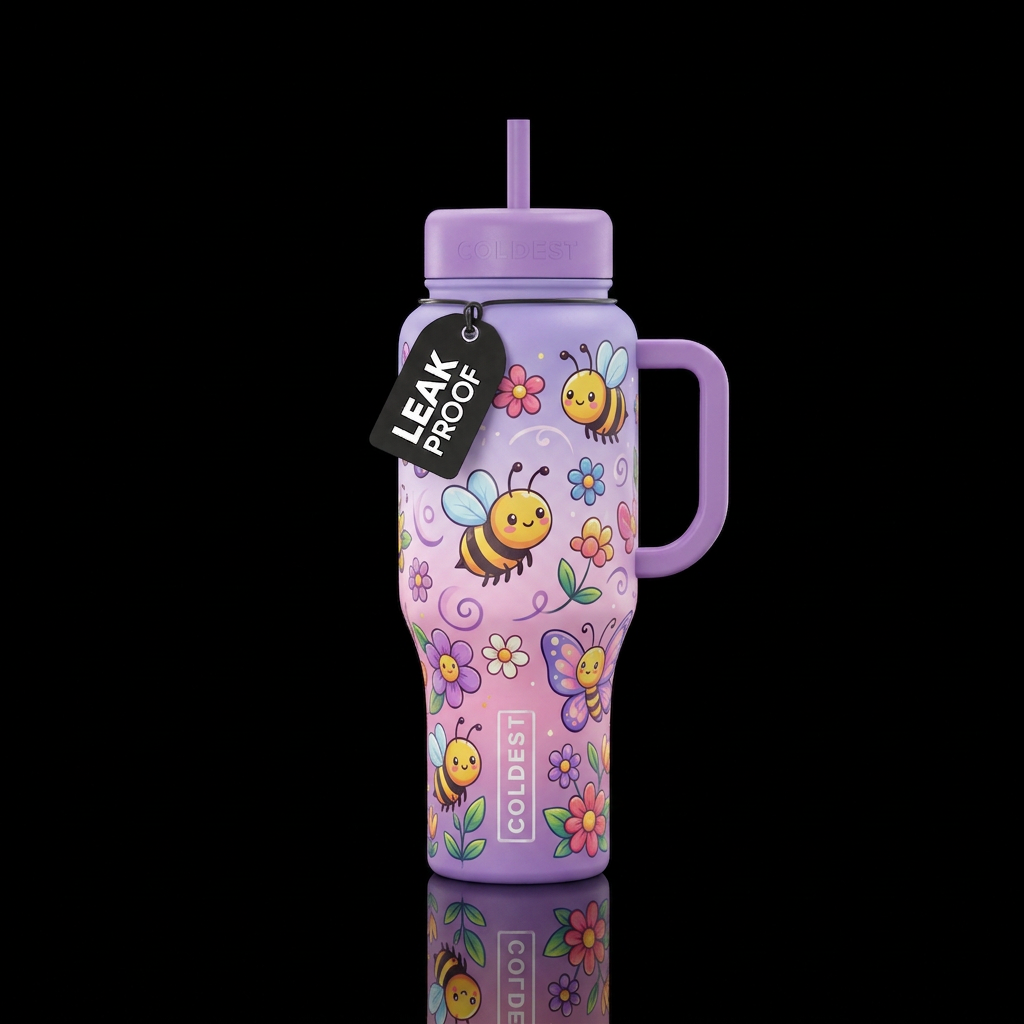 Cute cartoon honey bees cute colored flowers smili... water bottle design