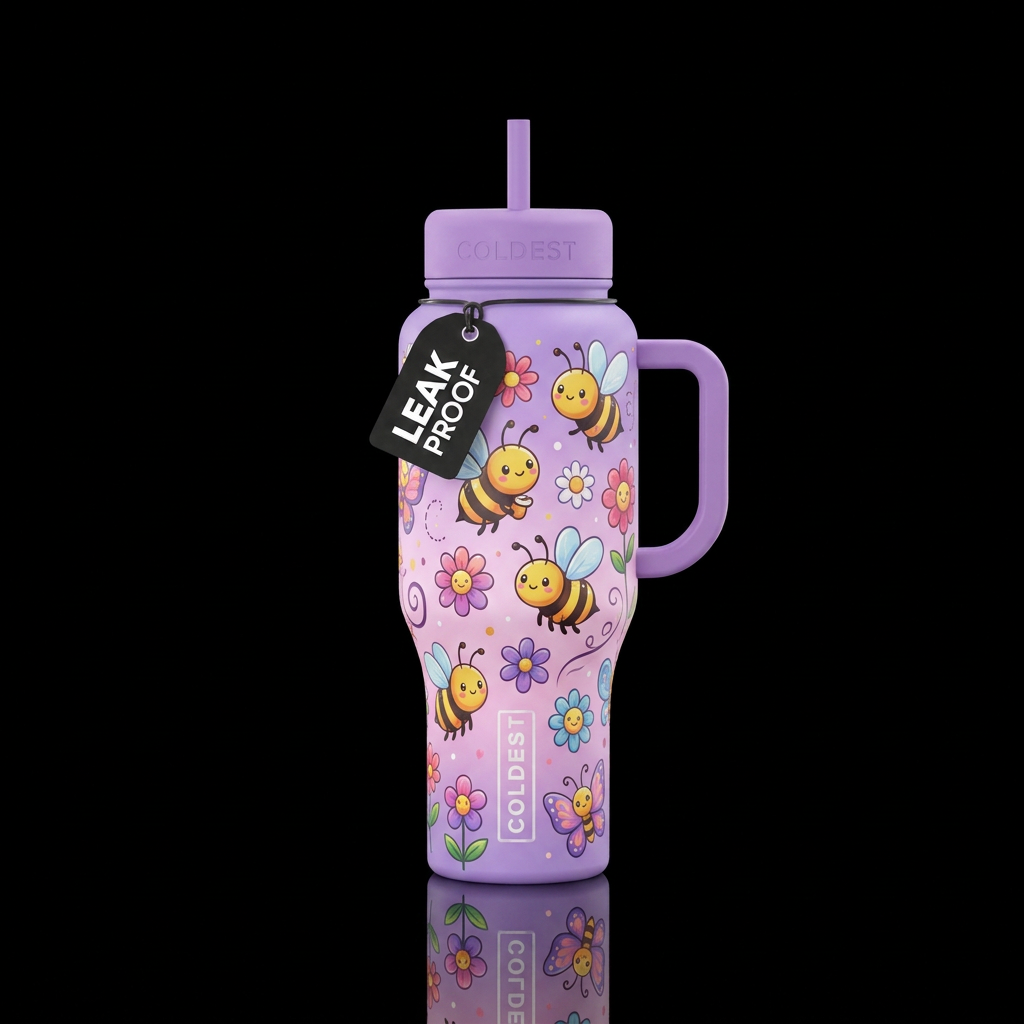 Cute cartoon honey bees cute colored flowers smili... water bottle design