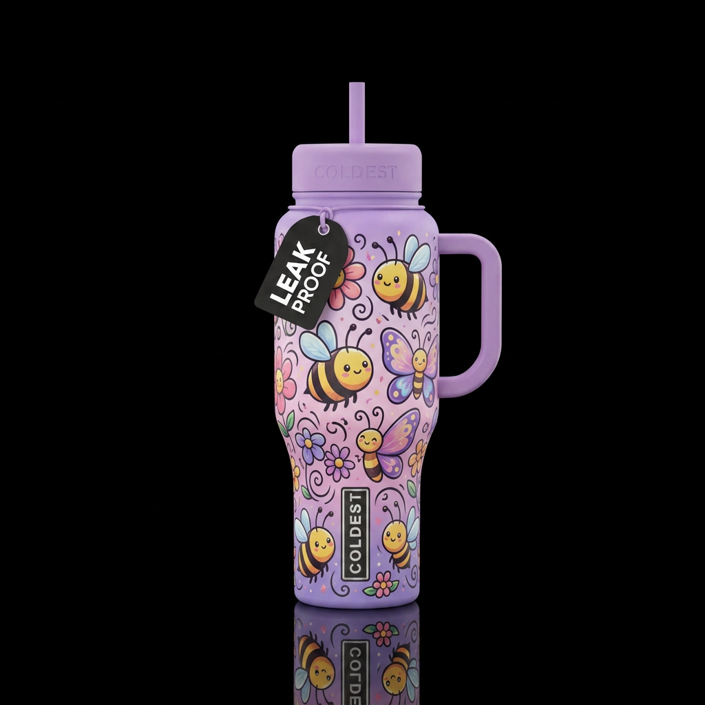 Cute cartoon honey bees cute colored flowers smili... water bottle design