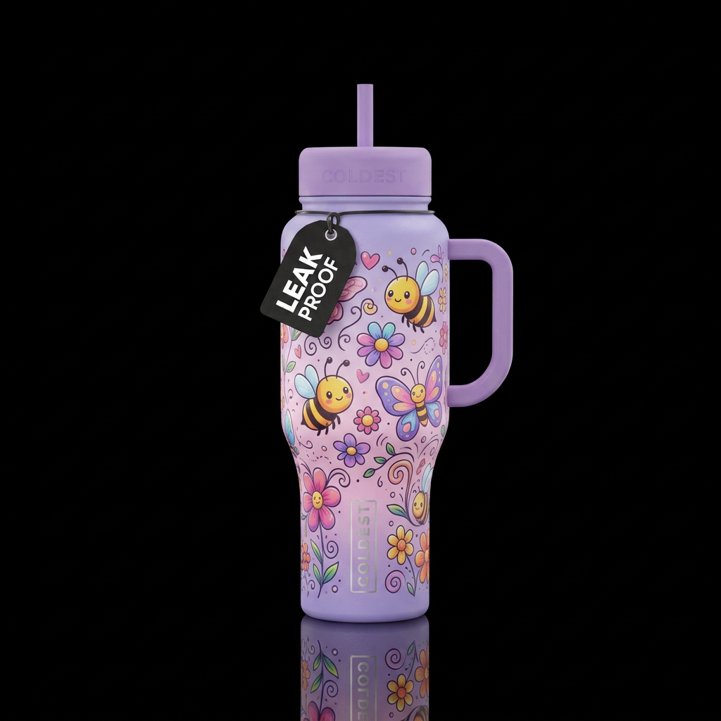 Cute cartoon honey bees cute colored flowers smili... water bottle design