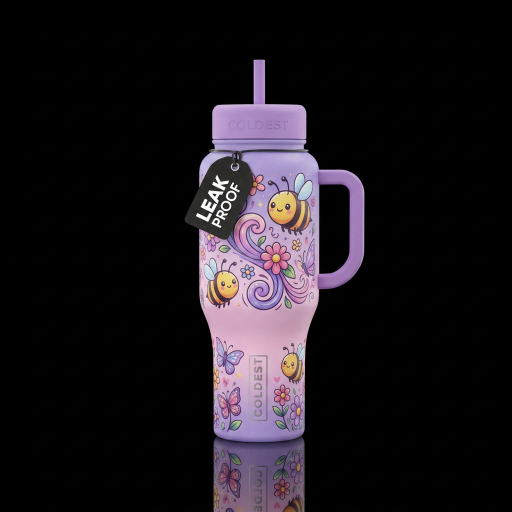 Cute cartoon honey bees cute colored flowers smili... water bottle design