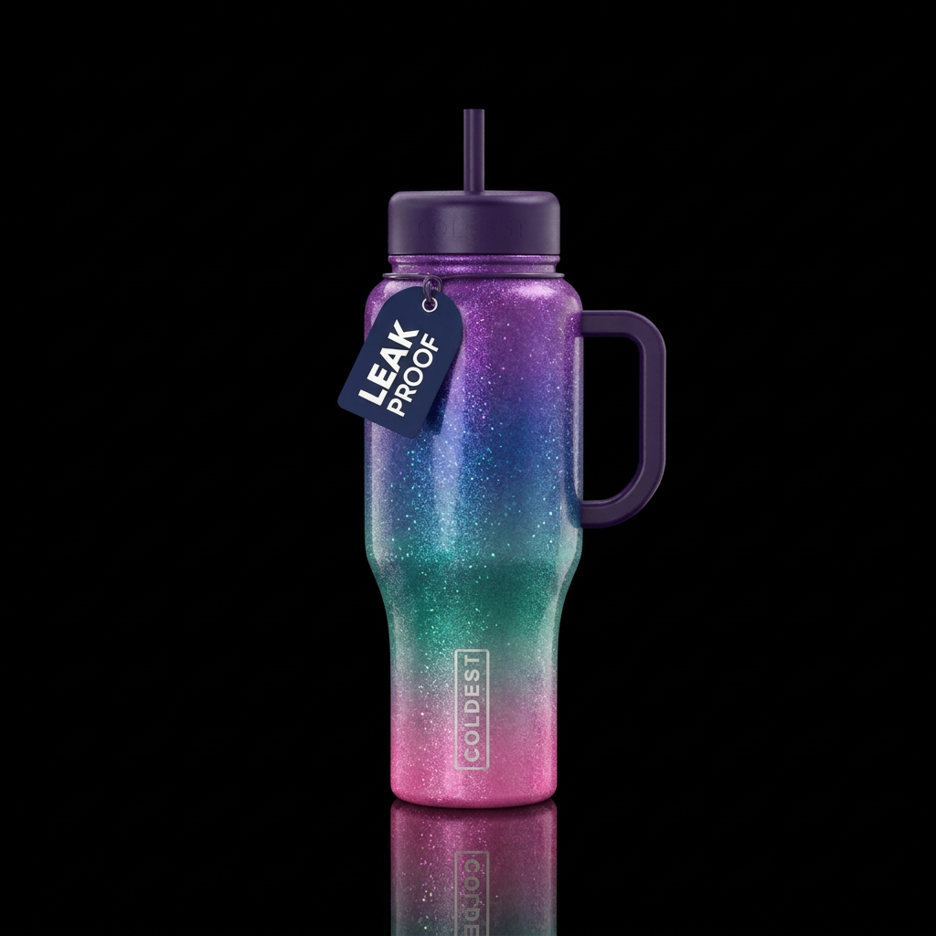 Purple blue green pink ombre sparkling vibrant bea... water bottle design