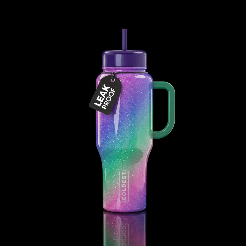 Purple blue green pink ombre sparkling vibrant bea... water bottle design