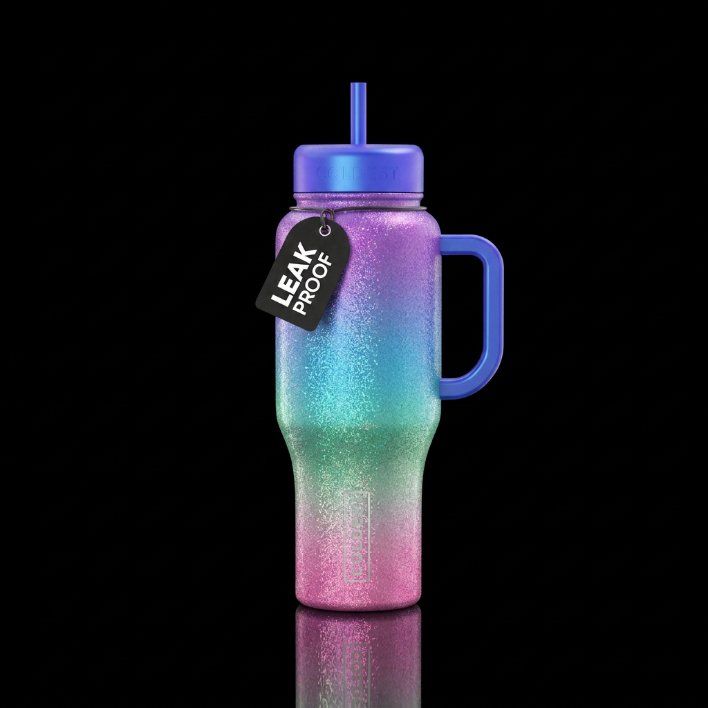 Purple blue green pink ombre sparkling vibrant bea... water bottle design