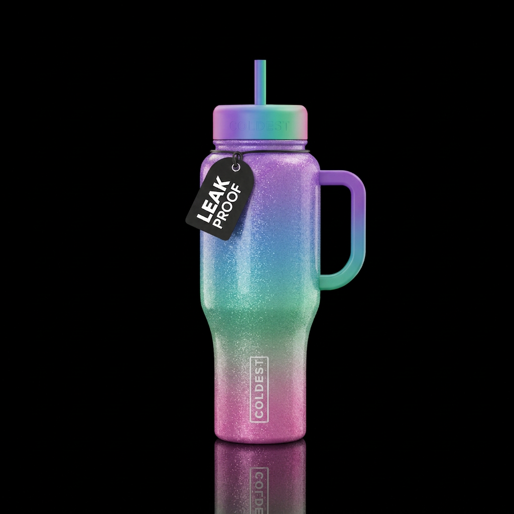 Purple blue green pink ombre sparkling vibrant bea... water bottle design