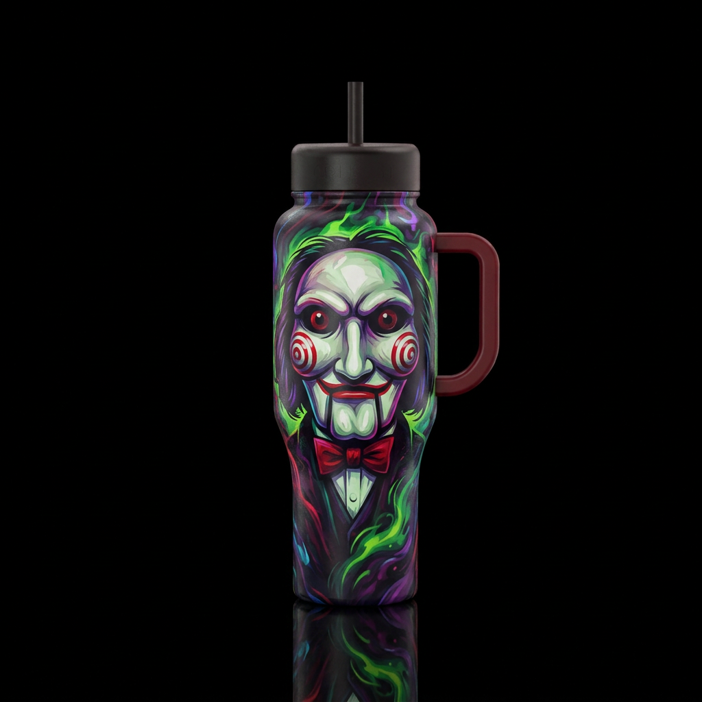 JigSaw movie Puppet inbued Halloween scary dark om... water bottle design