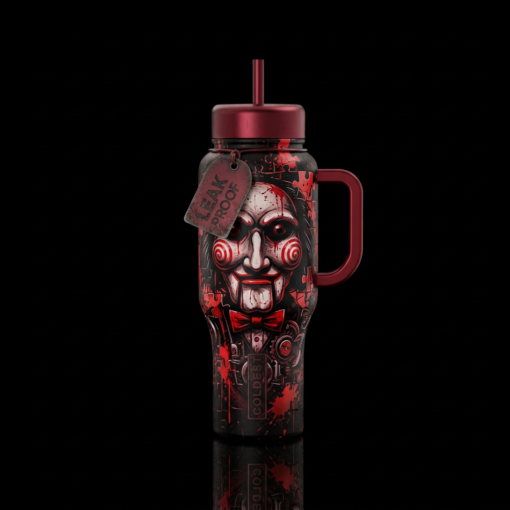 JigSaw movie Puppet inbued Halloween scary dark om... water bottle design