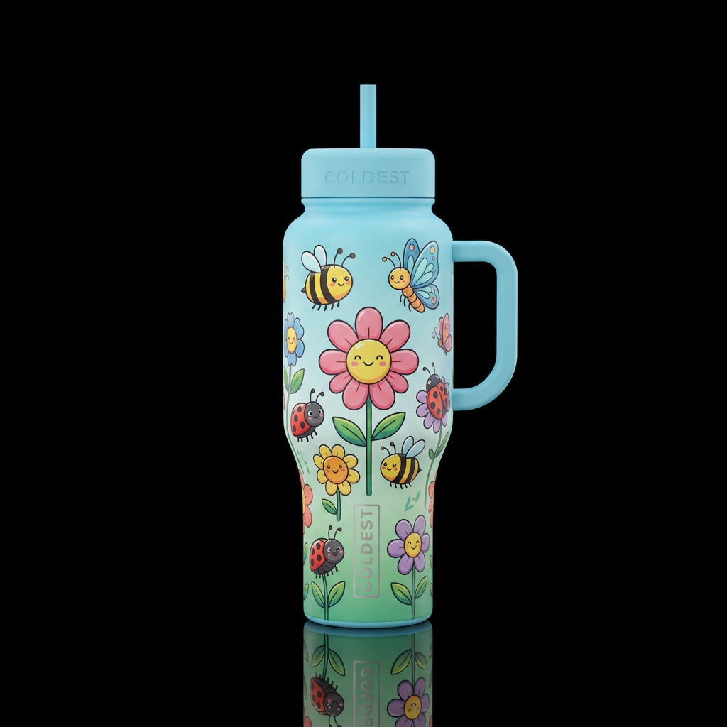 Cute funny cartoon flowers with cute cartoon bumbl... water bottle design