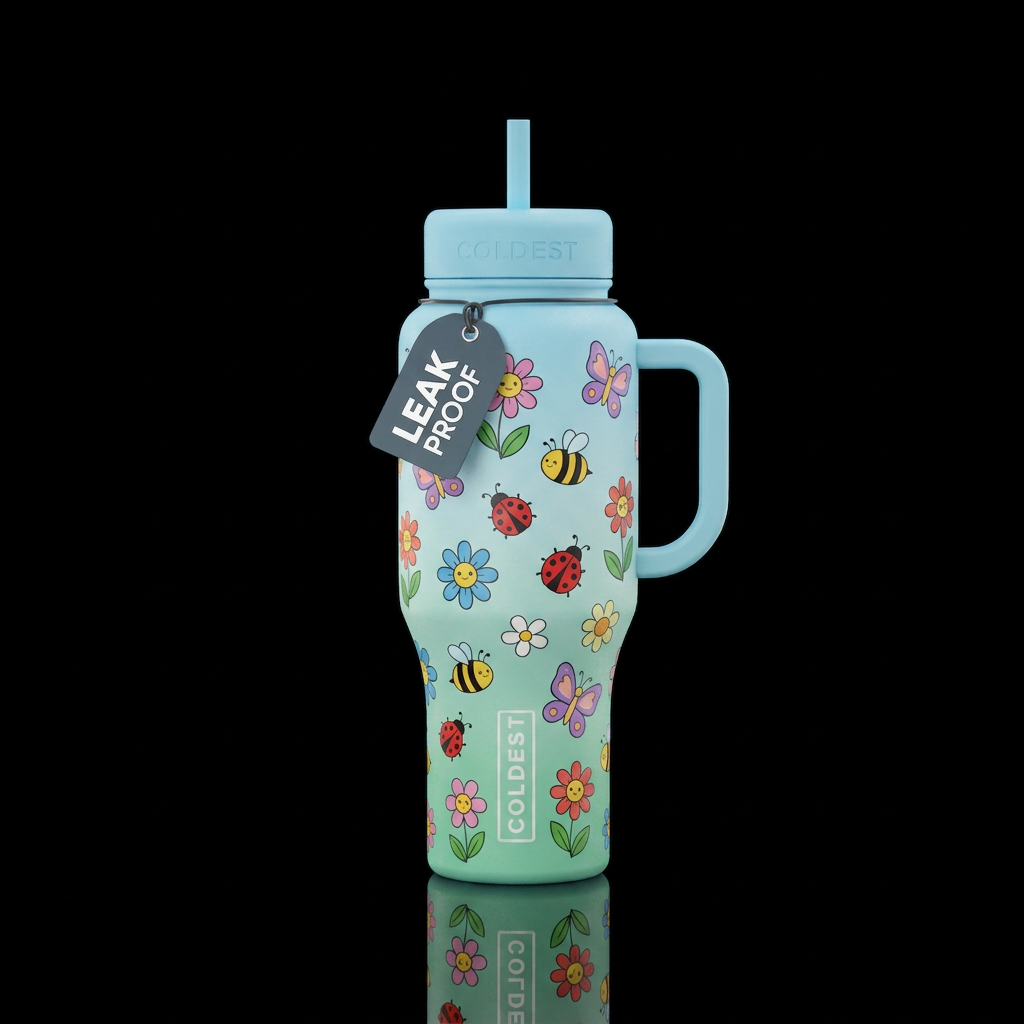 Cute funny cartoon flowers with cute cartoon bumbl... water bottle design
