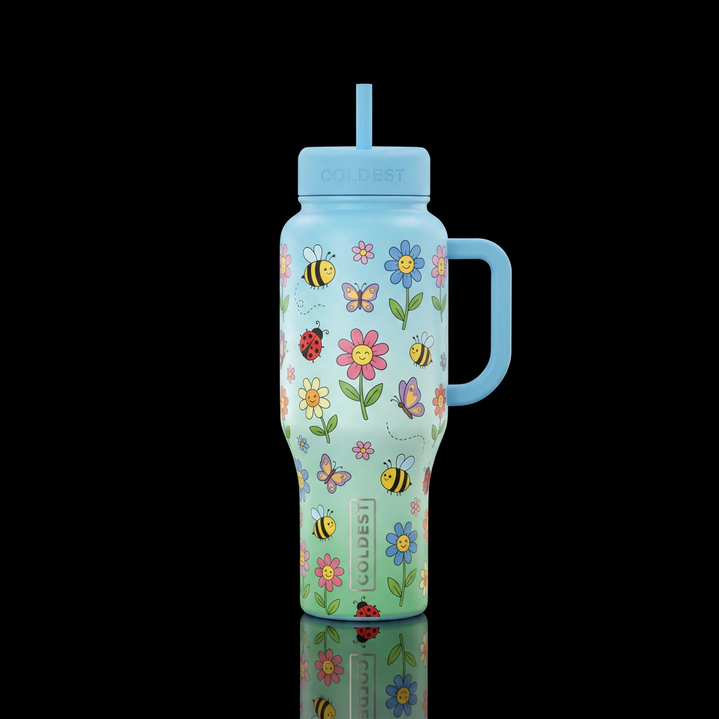 Cute funny cartoon flowers with cute cartoon bumbl... water bottle design