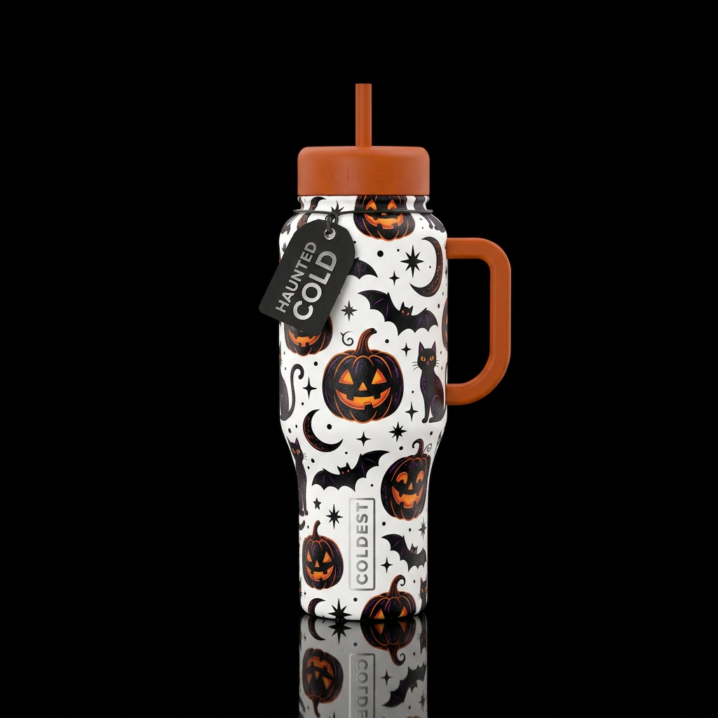 White background with black jack o lanterns bats a... water bottle design