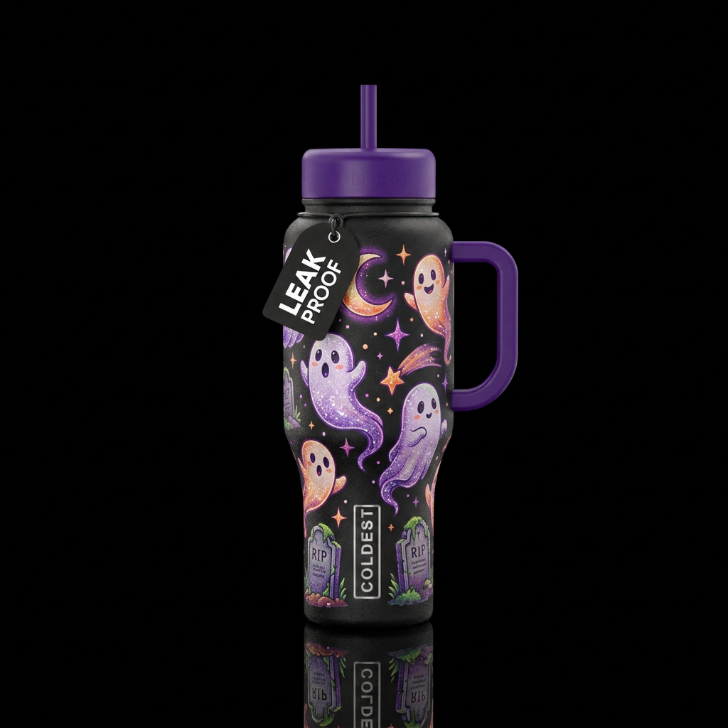 Spooky ghosts that sparkle with headstones moon an... water bottle design