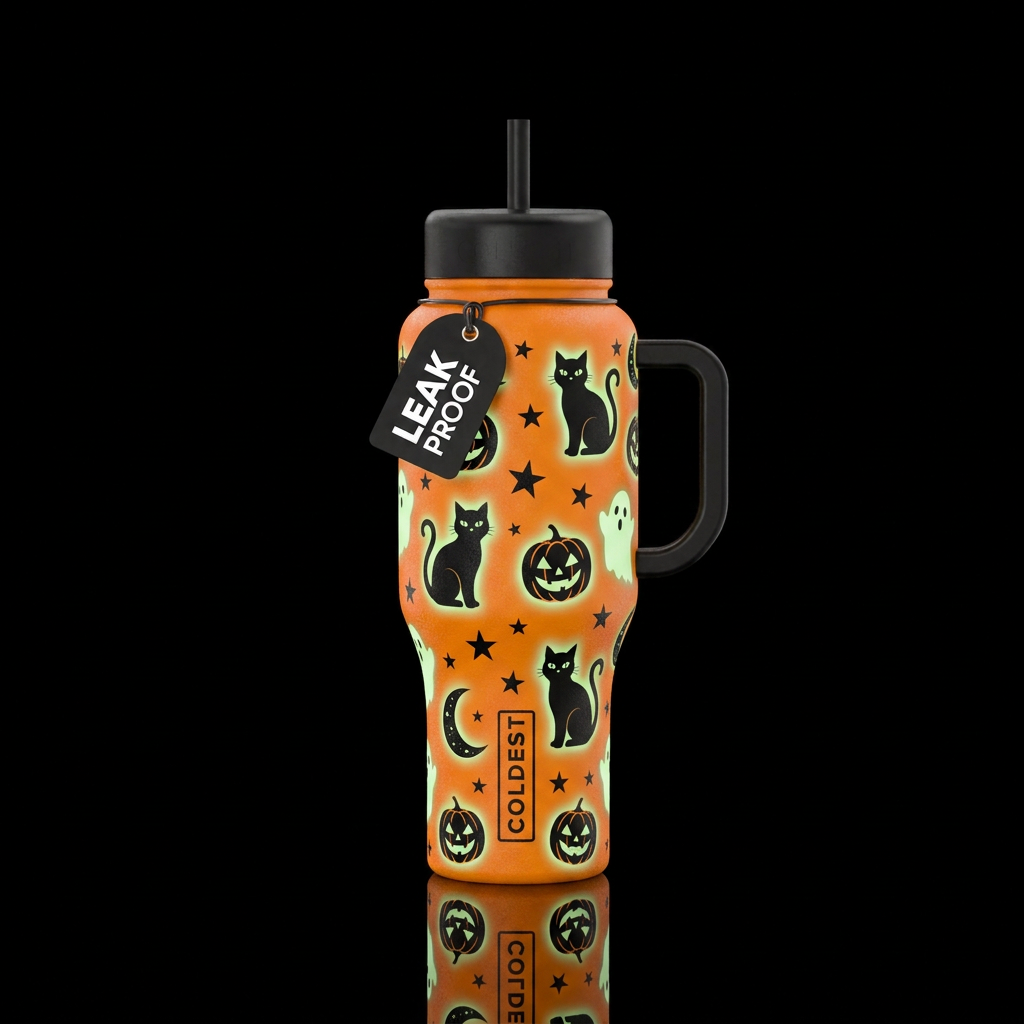 Orange background with black cats jack o lanterns ... water bottle design