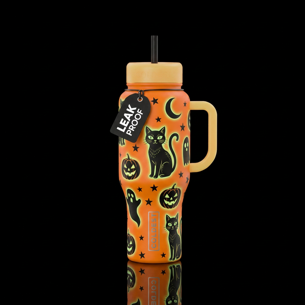 Orange background with black cats jack o lanterns ... water bottle design