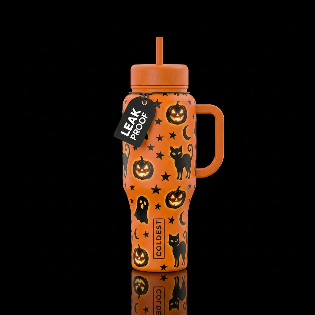 Orange background with black cats jack o lanterns ... water bottle design