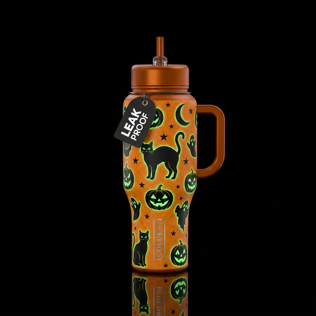 Orange background with black cats jack o lanterns ... water bottle design