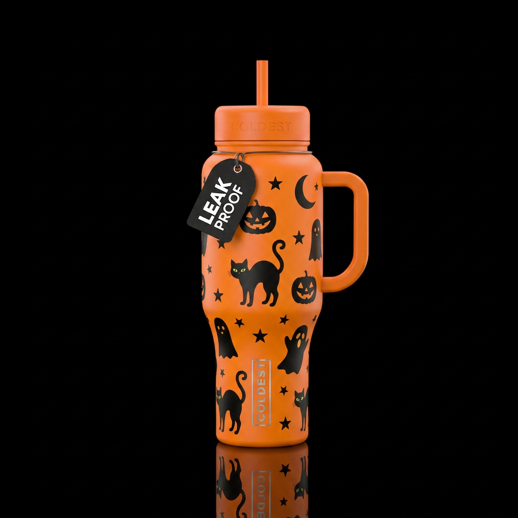 Orange background with black cats jack o lanterns ... water bottle design
