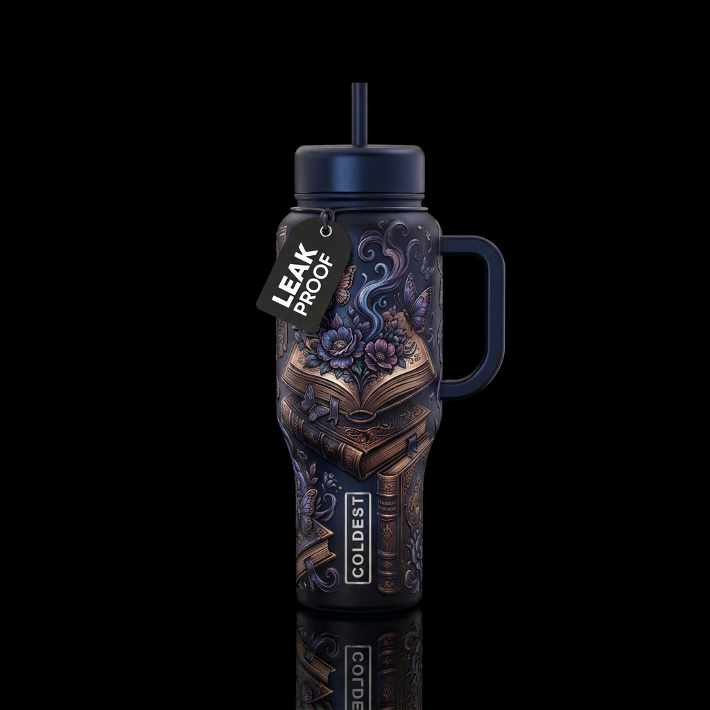 Dark ominous reader library inbued gothic florals,... water bottle design