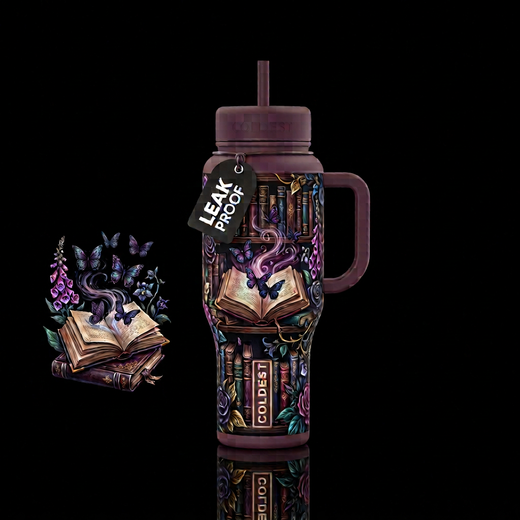 Dark ominous reader library inbued gothic florals,... water bottle design