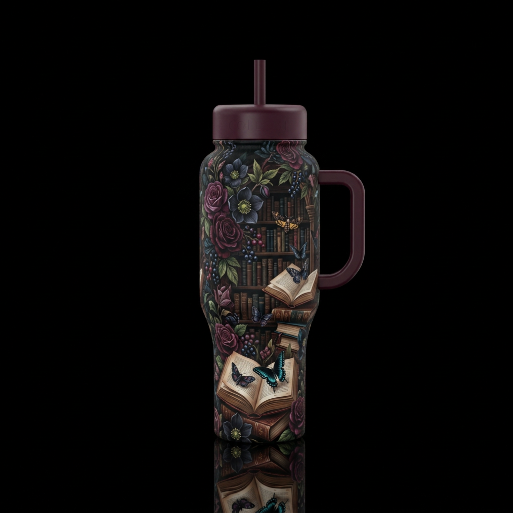 Dark ominous reader library inbued gothic florals,... water bottle design