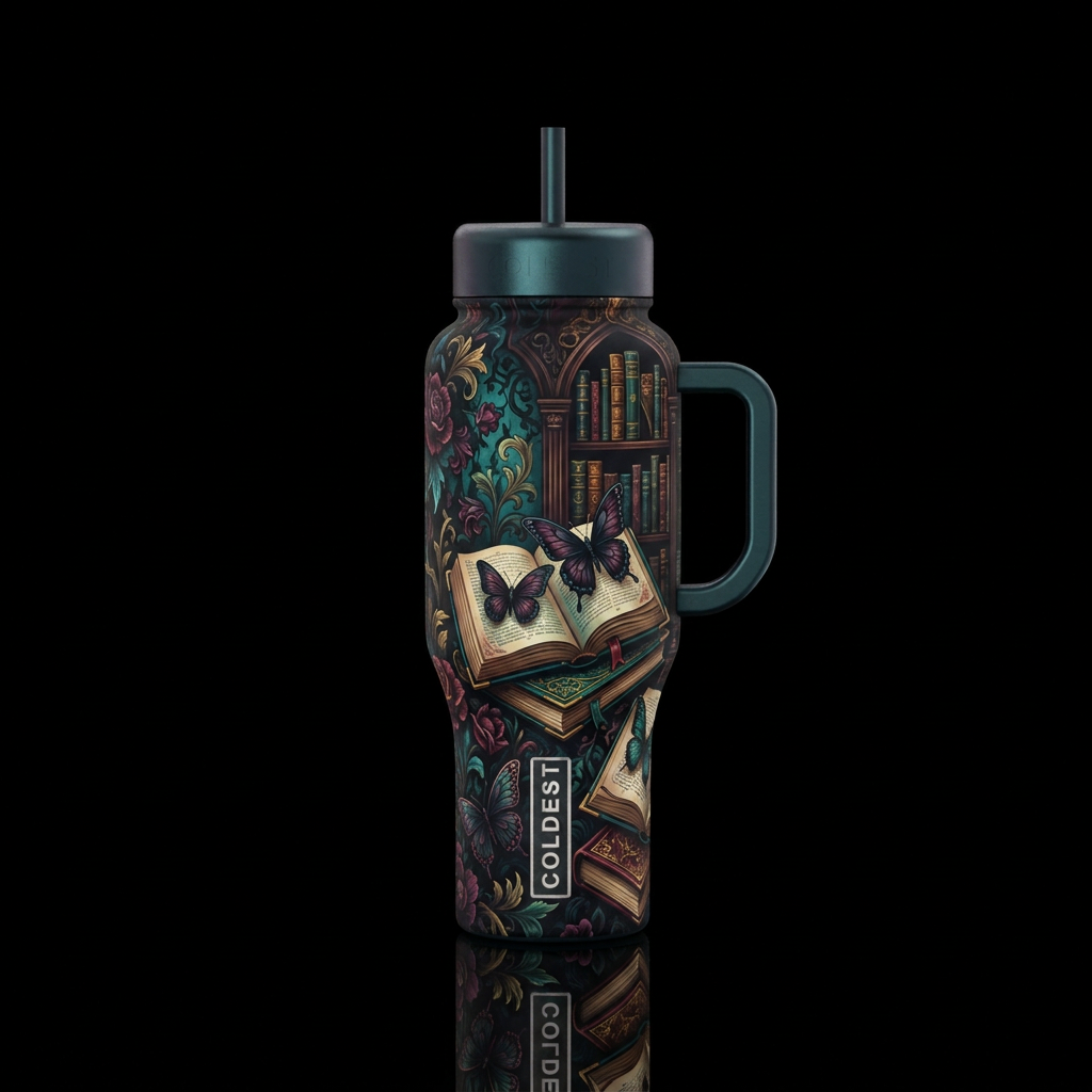 Dark ominous reader library inbued gothic florals,... water bottle design