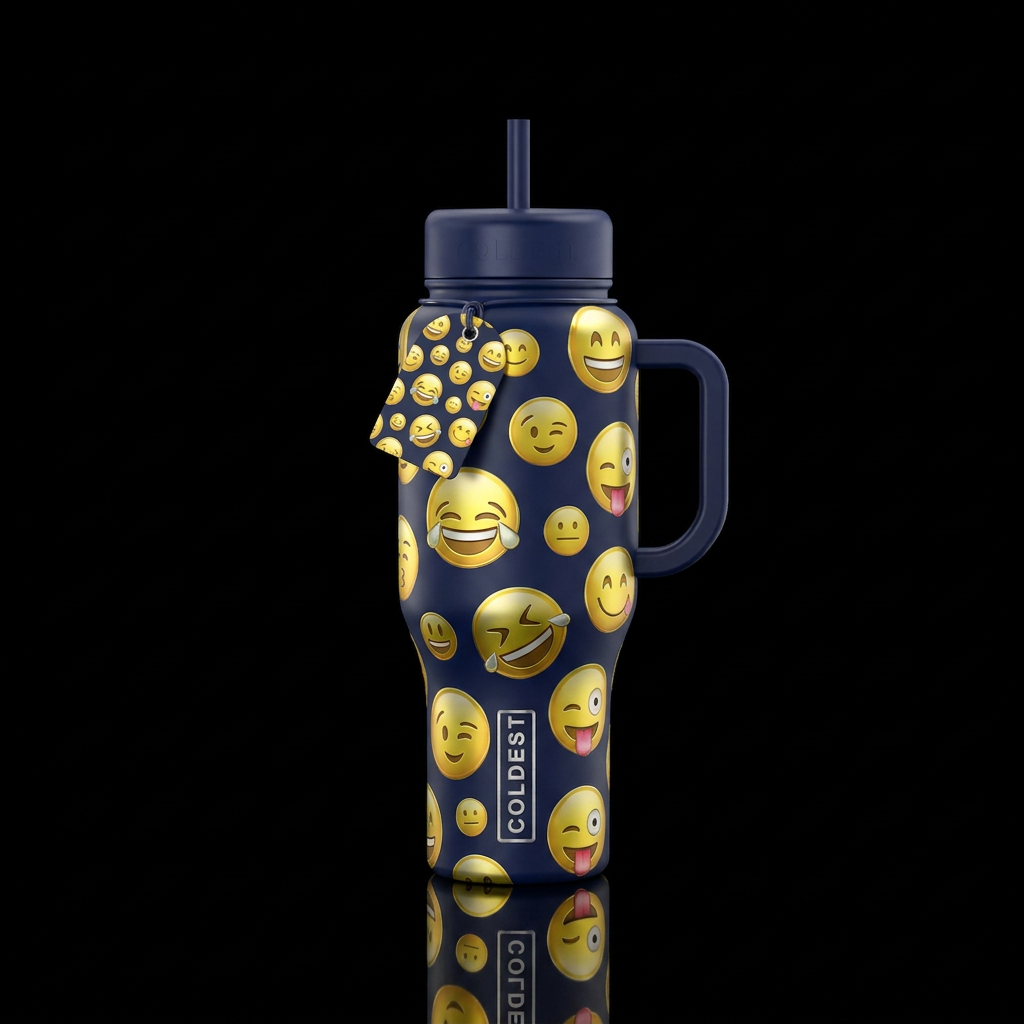 Shiny metallic yellow emojis all over datk navy bl... water bottle design