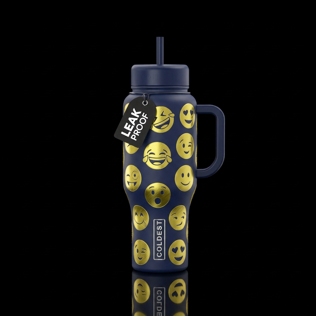 Shiny metallic yellow emojis etched in all over un... water bottle design