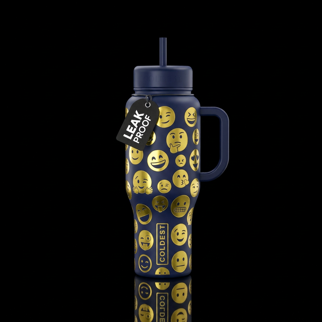 Shiny metallic yellow emojis etched in all over un... water bottle design
