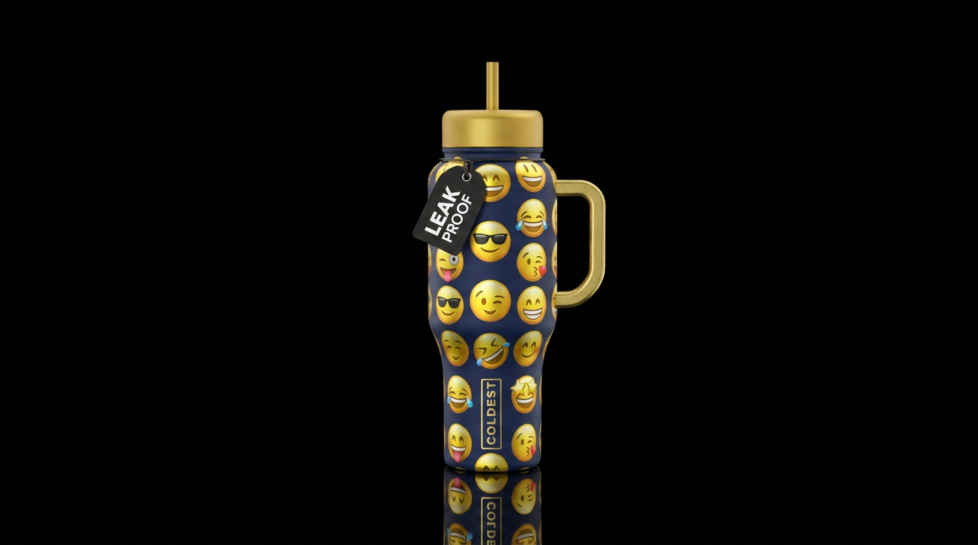 Shiny metallic yellow emojis all over datk navy bl... water bottle design