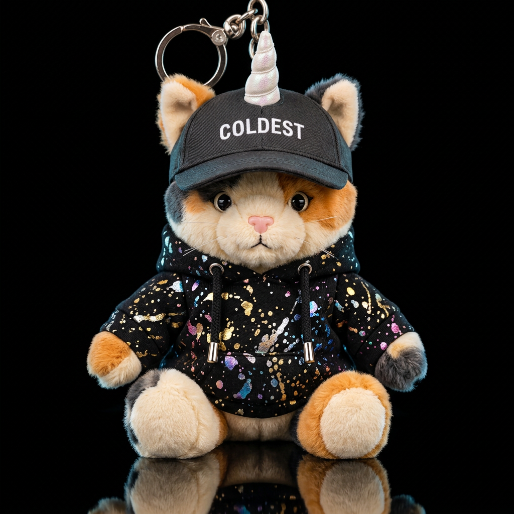 Calico stuffed caticorn wearing black hoodie with ... water bottle design