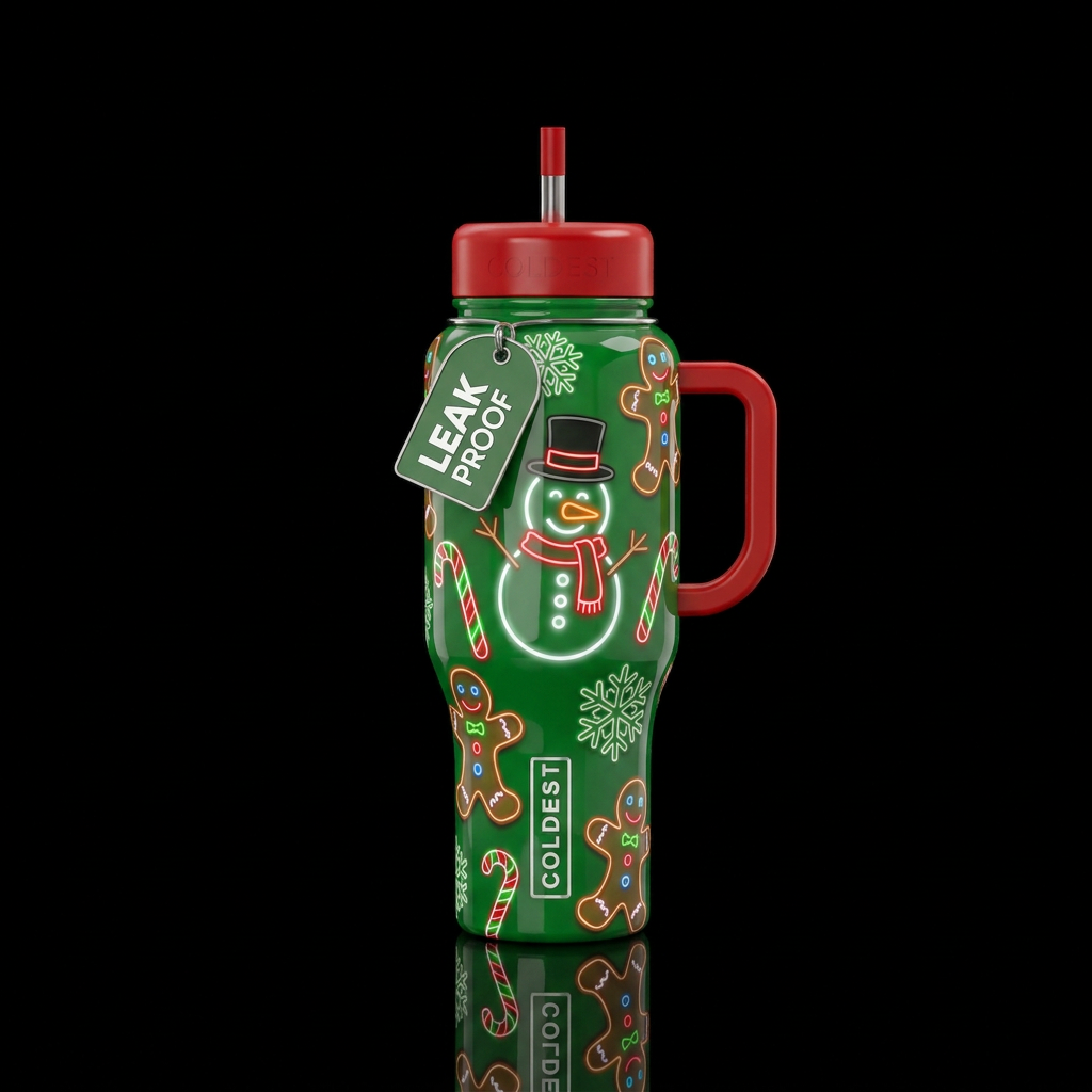 Glossy green background with neon white snowmen wi... water bottle design