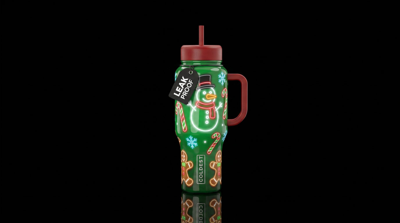 Glossy green background with neon white snowmen wi... water bottle design