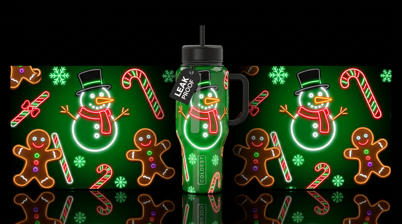 Glossy green background with neon white snowmen wi... water bottle design