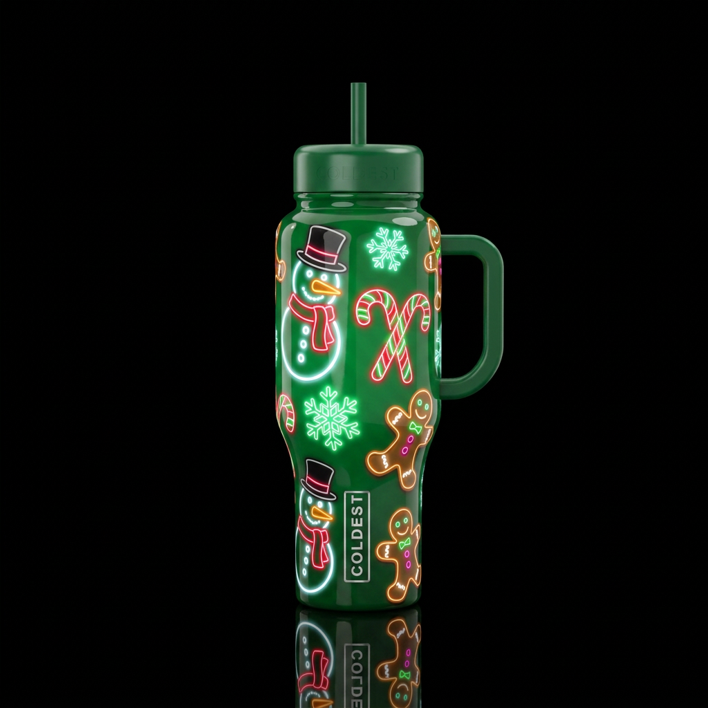 Glossy green background with neon white snowmen wi... water bottle design