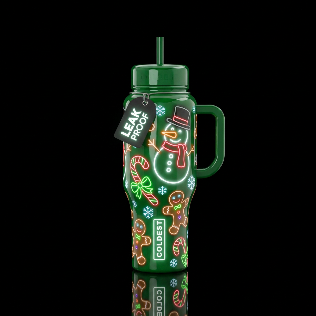 Glossy green background with neon white snowmen wi... water bottle design