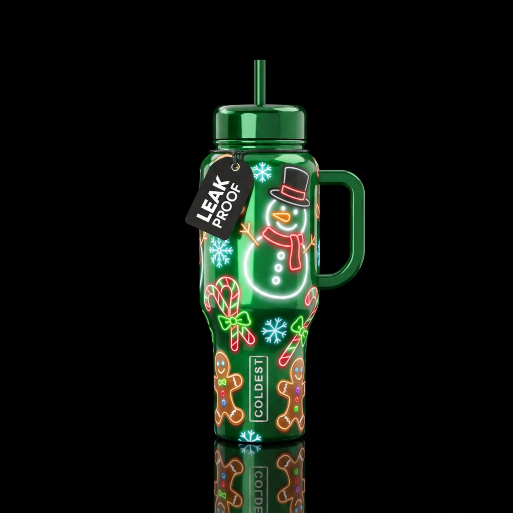 Glossy green background with neon white snowmen wi... water bottle design