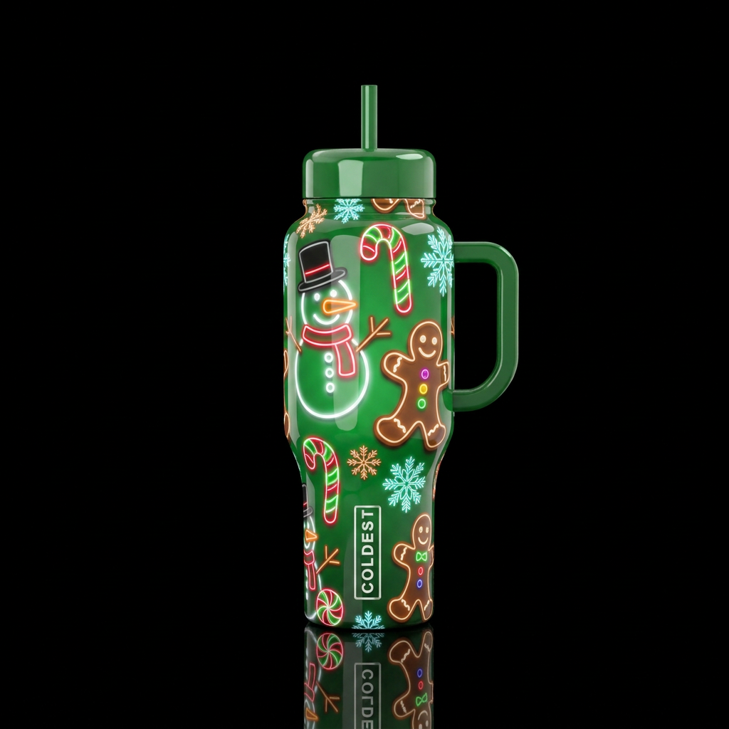 Glossy green background with neon white snowmen wi... water bottle design