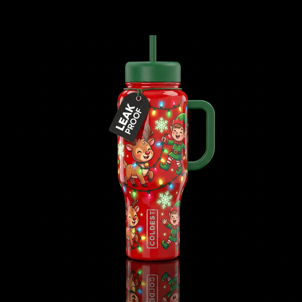 Glossy red background cartoon cute reindeer, glow ... water bottle design