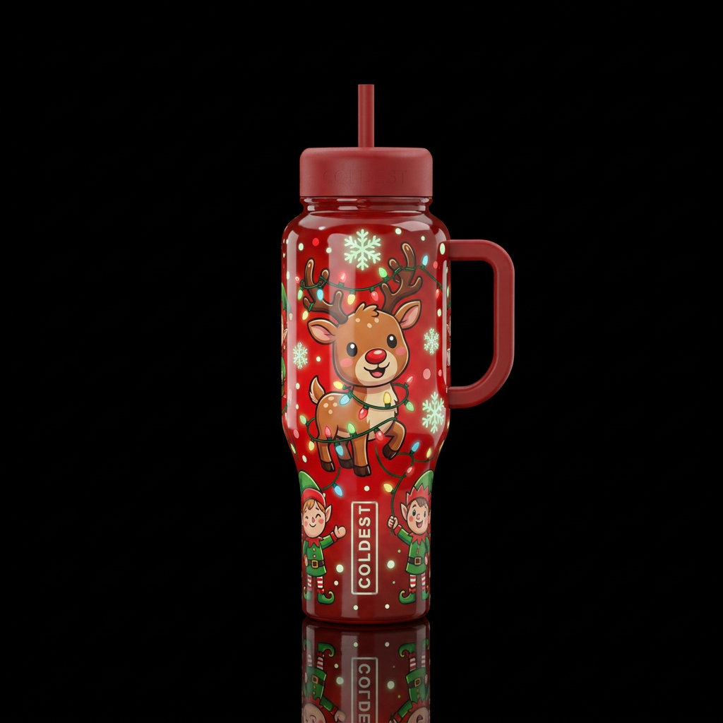 Glossy red background cartoon cute reindeer, glow ... water bottle design