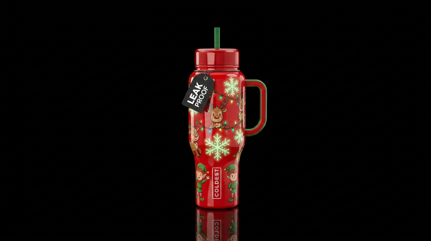 Glossy red background cartoon cute reindeer, glow ... water bottle design