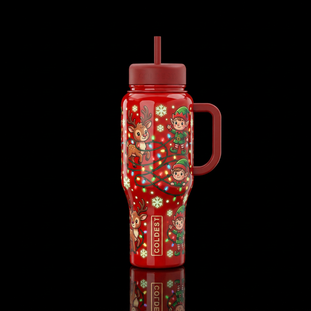 Glossy red background cartoon cute reindeer, glow ... water bottle design