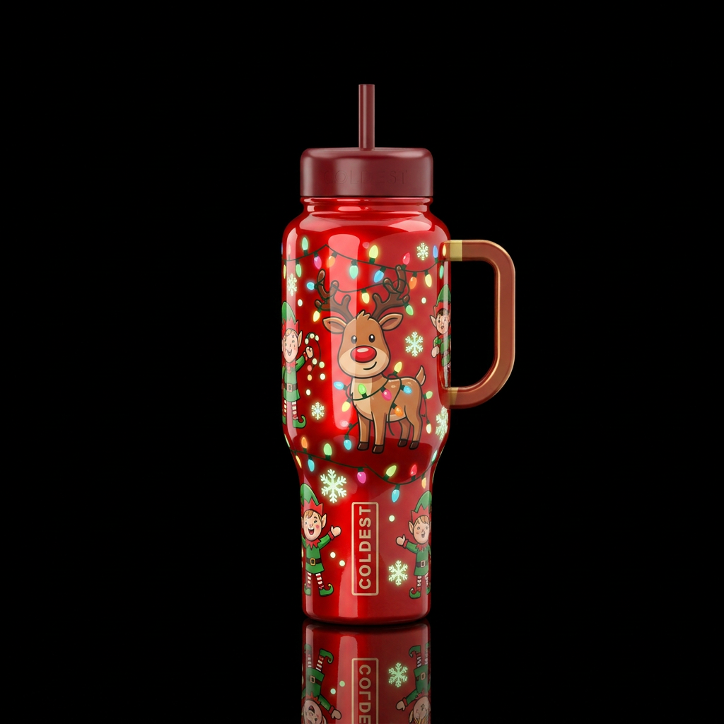 Glossy red background cartoon cute reindeer, glow ... water bottle design
